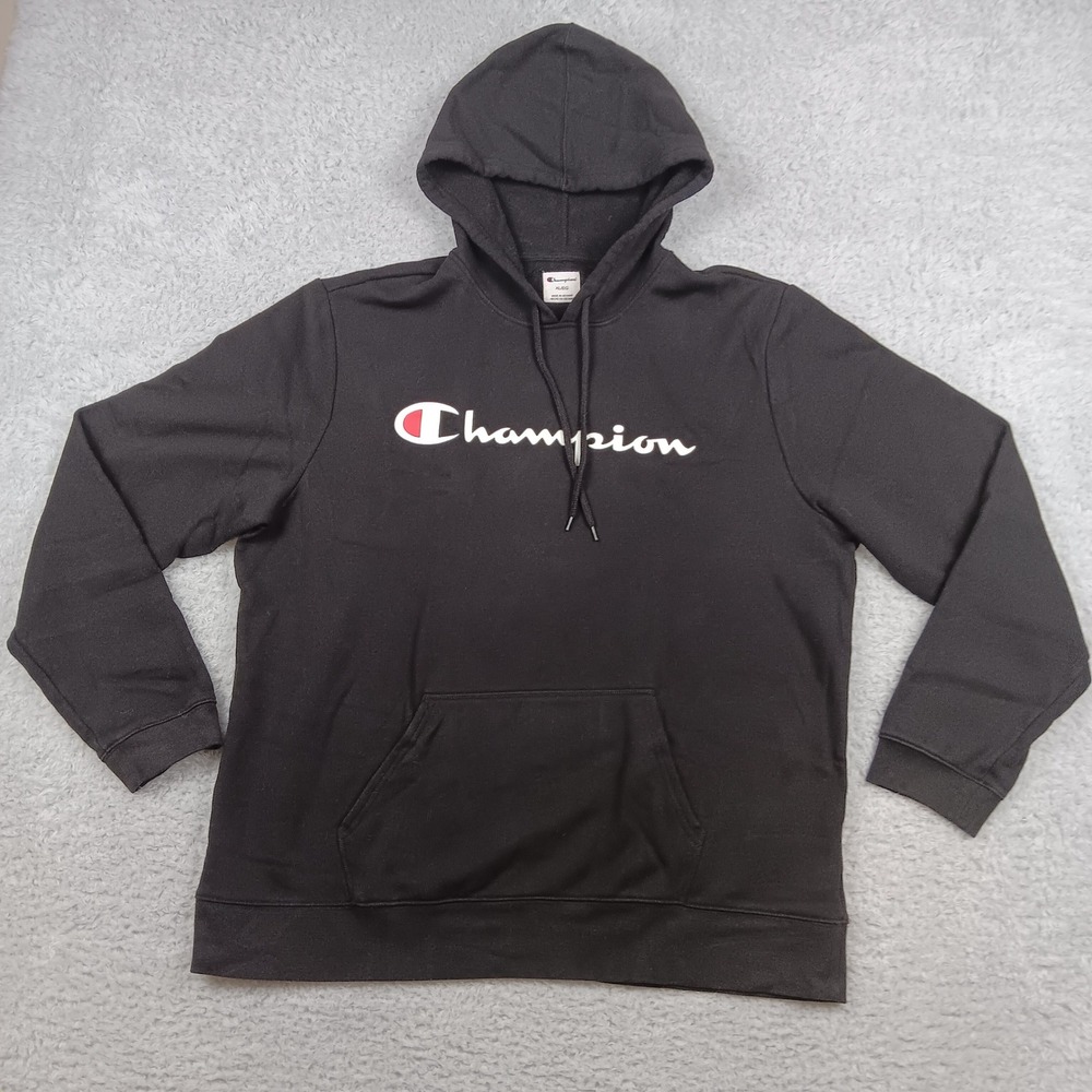 Champion Hoodie Pullover Men XL Black Script Logo Fleece Sweatshirt Y721